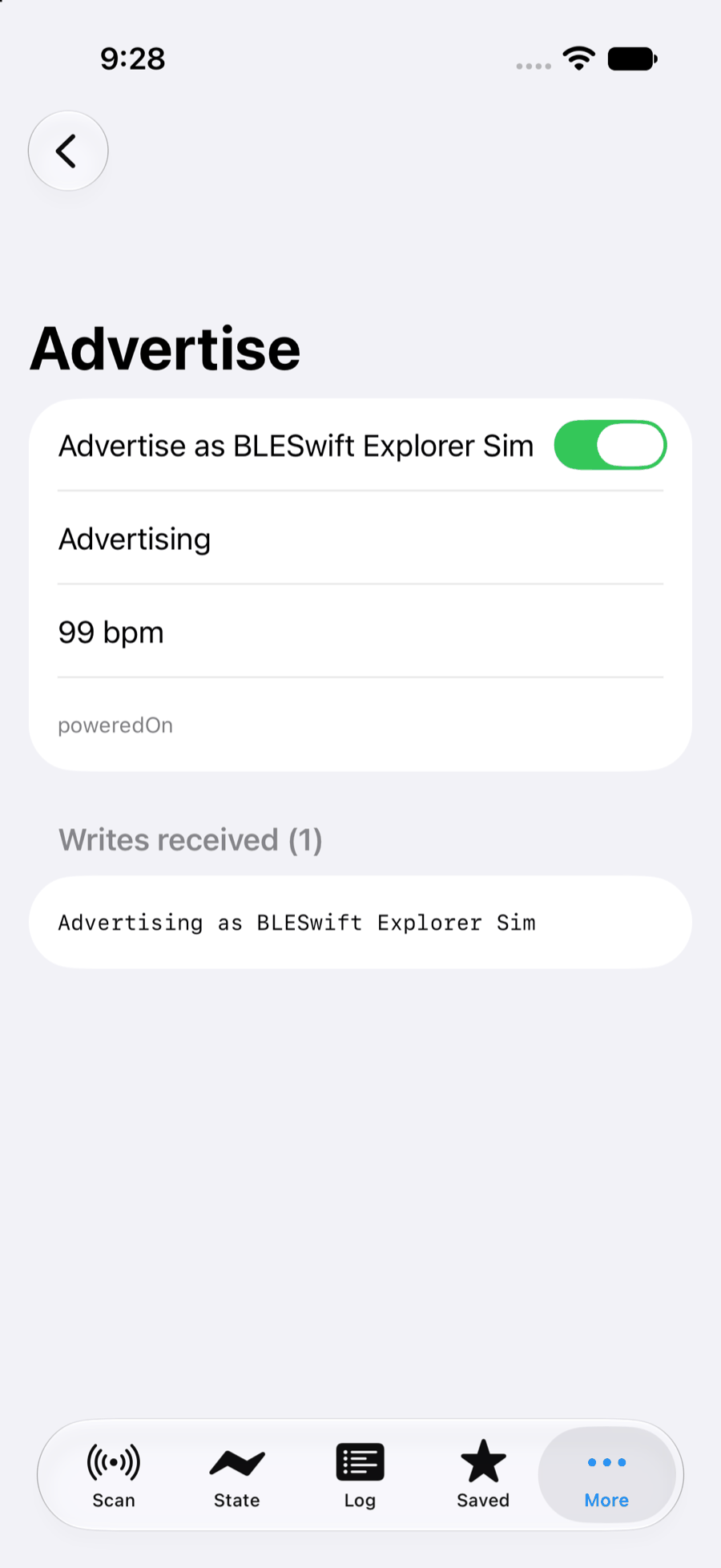 The Advertise screen in the first simulator: the toggle is on, the status reads Advertising, and the simulated heart rate shows 99 bpm